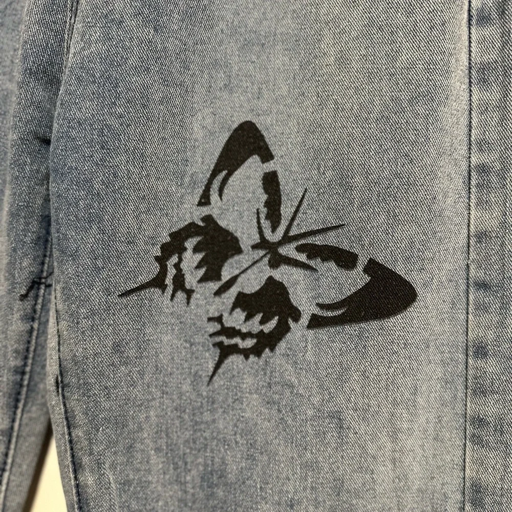 EUC  Teen Sz: S Black Butterfly print  Medium Wash Wide Leg Jeans.